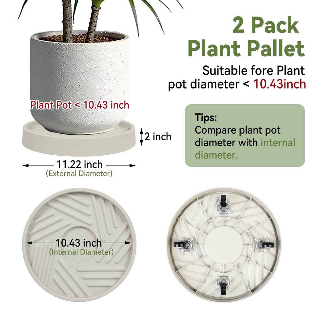 UoeRing 2 Pcs Plant Caddy with Hidden Wheels 11 Inch Heavy Duty Rolling Plant Stand, Indoor Outdoor Plant Saucer Tray with $9.9 Garden Tools (Beige)