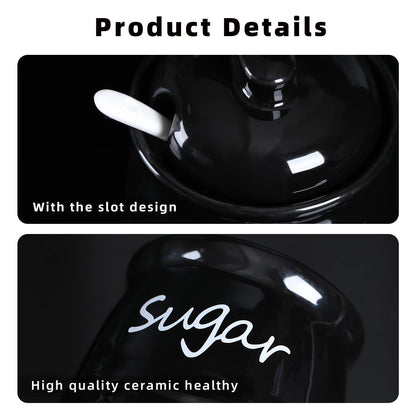12oz Sugar and Salt Bowls with Lid and Spoon, Ceramics Condiment Pots,Seasoning Jar Spice Container for Kitchen,Dishwasher Safe (Black)