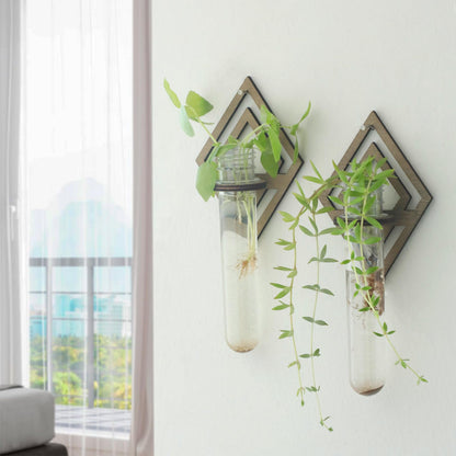2 Pack Plant Propagation Station Wall Hanging Wooden Diamond Shaped Plant Terrarium for Hydroponics Home Office Decor Test Tube Propagate Air Plant Cutting Holder