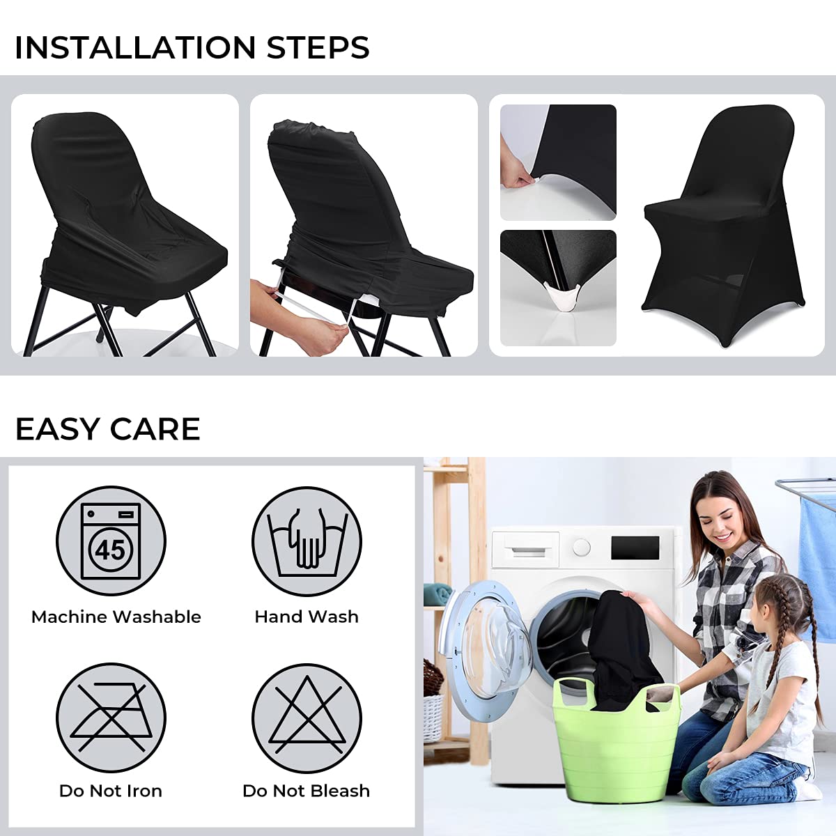 Babenest 100PCS Spandex Folding Chair Covers, Halloween Upgraded Universal Stretch Washable Fitted Chair Slipcovers Protector for Wedding, Holidays, Banquet, Party, Celebration (Black)