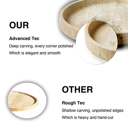 PHINILUX Travertine Marble Vanity Tray, Round Ottoman Tray Minimalist Modern Decorative & Fruit Serving Plate for Bathroom, Kitchen, Nightstand, Coffee Table Decor, Jewelry Ring Dish Holder, Beige