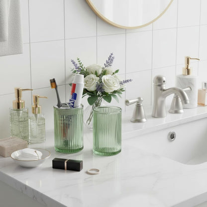 Tonxus Green Toothbrush Holders for Bathrooms, 2pcs Glass Toothbrush Holder and 12oz Bathroom Tumbler Cup Set, Silver Tooth Brush and Toothpaste Organizer for Bathroom Vanity Countertop
