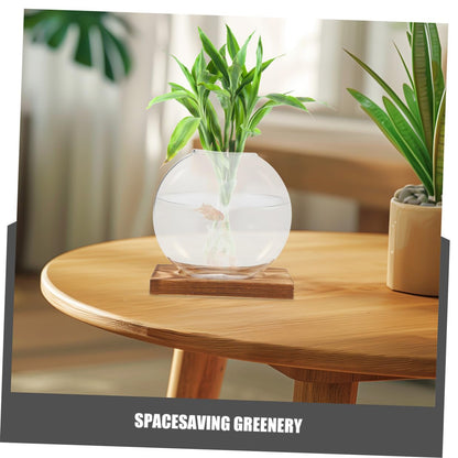 Wakauto 2pcs Hydroponic Glass Propagation Vases with Wooden Base, Plant Terrarium Containers for Indoor Water Plants, Desktop Flower Vase Set for Home and Office Décor