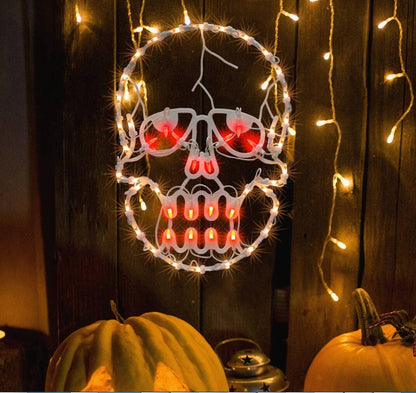 JUSTPRO 13.3" Lighted Skull Halloween Window Silhouette Decoration,Halloween Lighted Window Decoration,Hanging Light Up Holiday Ornament (Skull Light)