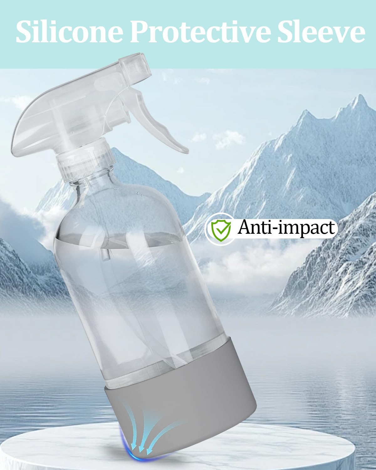 TERESRY 2 Pack 360° Glass Spray Bottles with Silicone Sleeve, 16 oz Empty Refillable Containers with Adjustable Spray Nozzles, Spray Bottles for Hair, Cleaning Solutions and Plants Grey