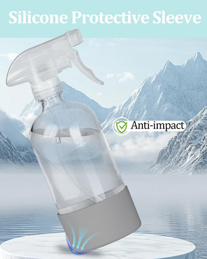 TERESRY 2 Pack 360° Glass Spray Bottles with Silicone Sleeve, 16 oz Empty Refillable Containers with Adjustable Spray Nozzles, Spray Bottles for Hair, Cleaning Solutions and Plants Grey