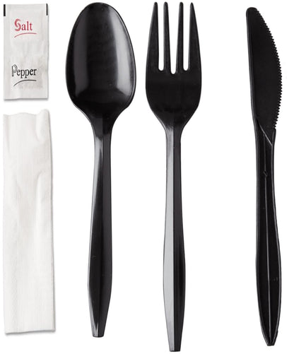 Supellectilem 250 Plastic Cutlery Packets-Knife Fork Spoon Napkin Salt Pepper Sets|Black Silverware Sets Individually Wrapped Kits, Utensil Set Disposable Bulk To Go, 250-BCP-KFSSP