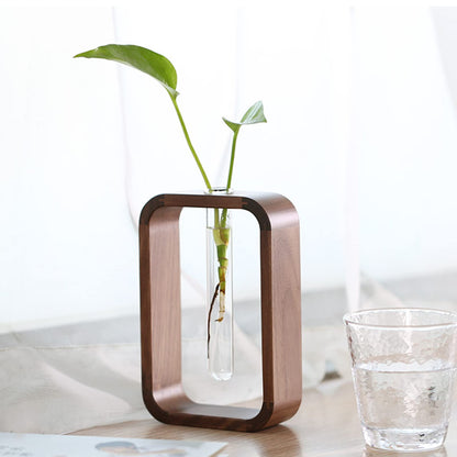 TREELF Transprent Glass Vase Test Tube Vase Hydrophilic Plants Vase Plant Holder Walnut Wooden Frame Flower Stand Table Garden Bonsai Decor,Gifts for Women, Home Office Decor Planter (Small)