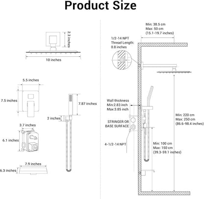 10" Rain Shower Faucet Set with Tub Spout, Brushed Nickel | Anti-scald cartridge, air tech boosts pressure 50%, 3-func diverter, NPT 1/2