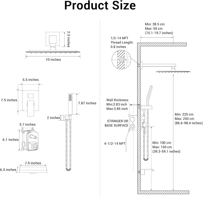 10" Rain Shower Faucet Set with Tub Spout, Chrome | Anti-scald cartridge, air tech boosts pressure 50%, 3-func diverter, NPT 1/2