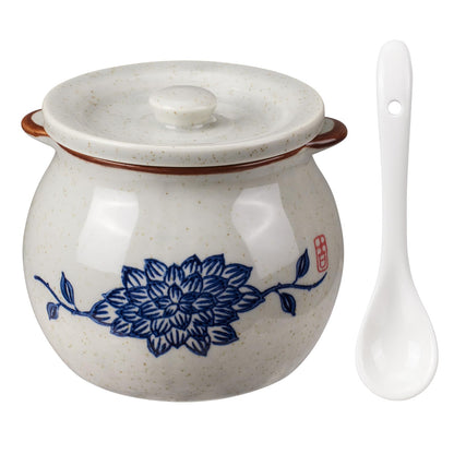 hengshukeji Sugar Bowl with Lid and Spoon,Vintage Ceramic Seasoning Jar, 10oz Stoneware Sugar Salt Holder, Glazed Condiment Container for Kitchen Counter (Lotus)