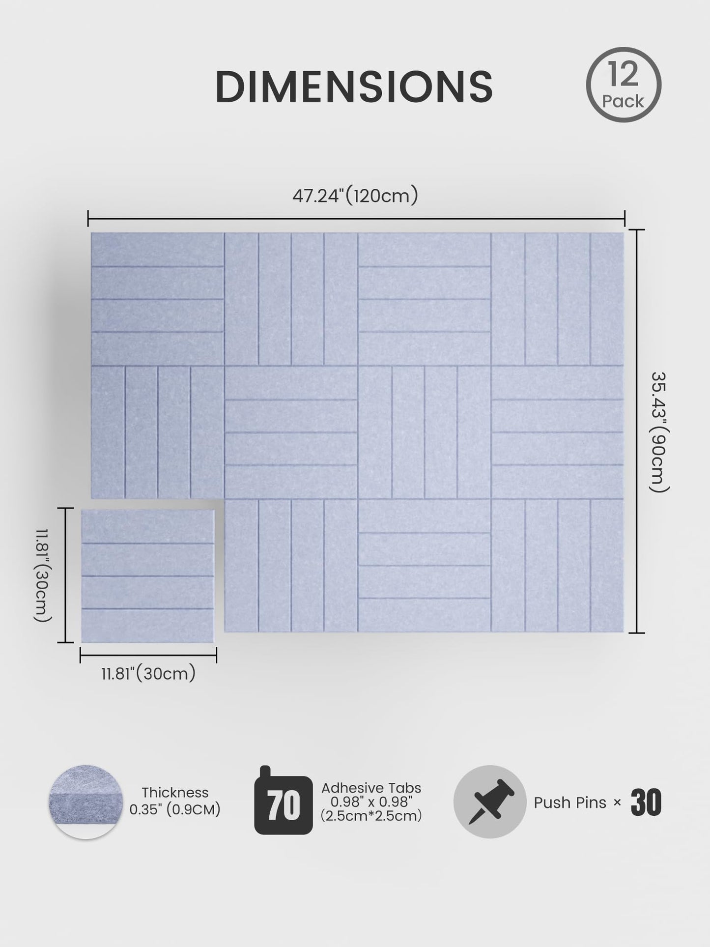 Bumusty Large Cork Board Alternative-48 x 36" Felt Bulletin Board Tiles, with 30 Pushpins, 70 Adhesive Tabs, Bold-Stripe 12-Pack, Cork Boards for Office Push Pin Board-Soft Periwinkle
