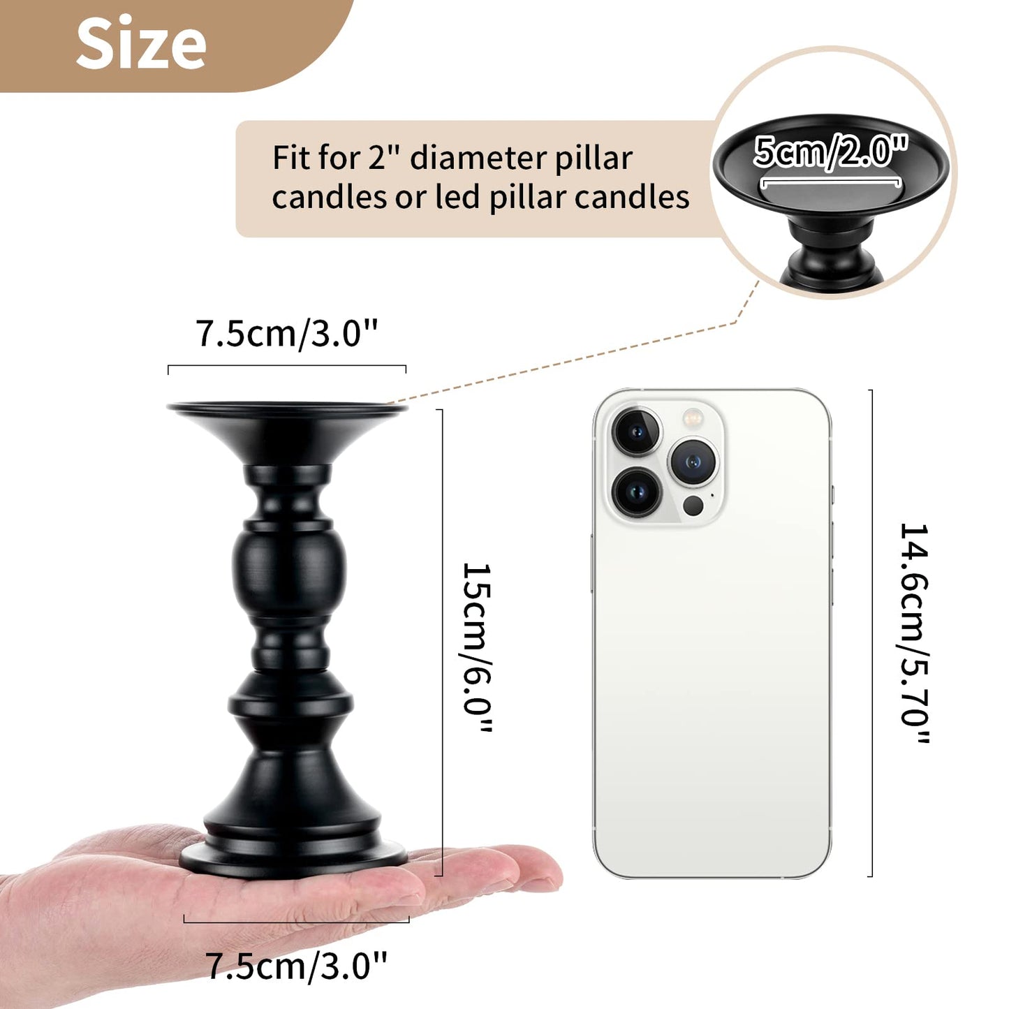 NUPTIO 2 Pcs Candle Holders for Pillar Candles, Black Candle Holder for 50mm Candles Christmas Halloween Mantlepiece Decorations, Ideal for Weddings Special Events Party Living Room