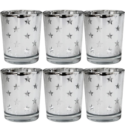 QIAOIDEA Mercury Votive Candle Holder Set of 6, Star Design Silver Mercury Glass Tealight Candle Holders, Perfect for Home, Parties, and Wedding Décor