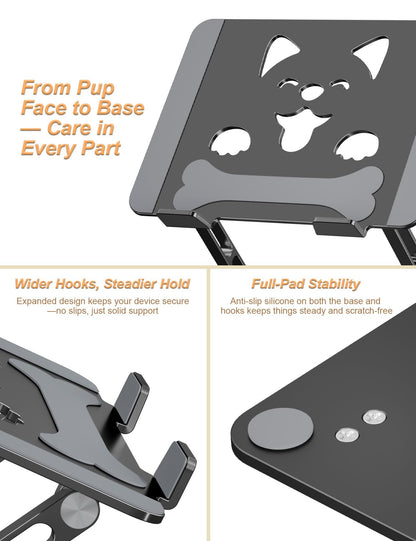 Aoviho Laptop Stand for Desk-Adjustable, Foldable, Portable, Ergonomic Aluminum Notebook Riser with Unique Puppy Cooling Vent, Desk Gift for 10"-17.3" Devices Mac, Dell, HP, Lenovo, Samsung, Black