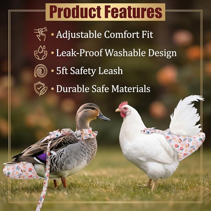 Duck & Chicken Harness with Diapers – Washable Adjustable Elastic Nappy for Poultry (Goose, Hen, Duck) with 5-FT Leash, Comfortable & Leak-Proof (S)
