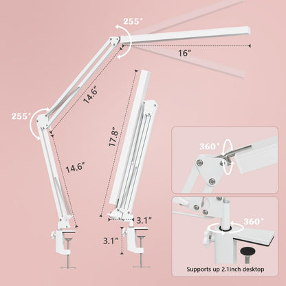 BZBRLZ LED Desk Lamp, Manicure Table Lamp, 16" Lamp Head, Dimmable Eye-Caring Drafting Light with 3 Color Modes, 10 Brightness Levels & Adapter, Memory Function(White)