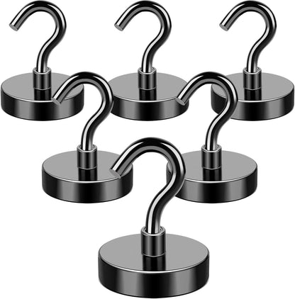 MIKEDE Magnetic Hooks, 80LB+ Strong Magnets Hooks Heavy Duty, Black Magnetic Hooks Fridge Magnets Neodymium with Hooks, Garage Hooks for Cruise, Classroom, Home, Kitchen - 6 Pack