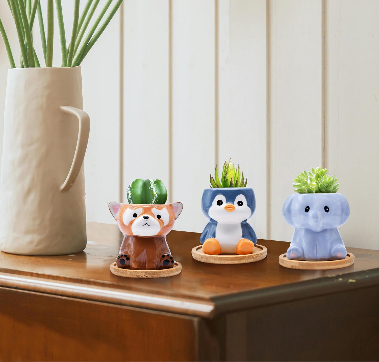 6 Pack Animal Ceramic Succulent Pots with Drainage – Mini Cute Planters with Bamboo Trays for Indoor Plants & Cactus, Adorable Animal Pots for Desk, Office, Home Decor, Gift for Kids & Plant Lovers
