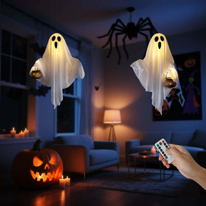 [Timer] 2 Pack Halloween Light Up Ghost Decorations, Battery Operated Flying Hanging Ghosts Glowing Led Lights Remote Control 8 Lighting Modes Floating Swinging Yard Garden Porch Outdoor Indoor Decor