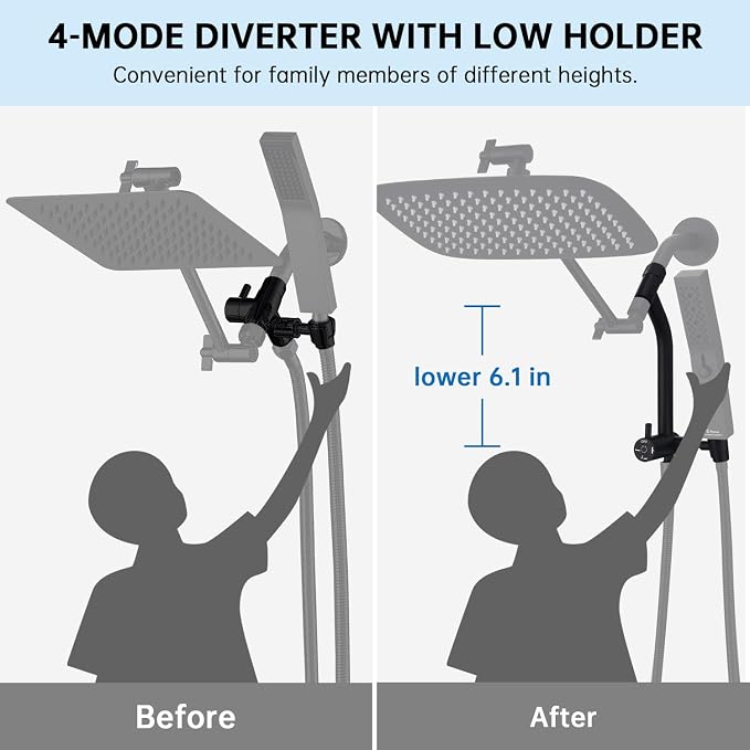 G-Promise All Metal 12 Inch Rain Shower Head with Massage Mode Handheld Spray Combo, 3-Way Diverter with Pause Setting, Full Body Coverage, Modern Bathroom Upgrade (Matte Black)