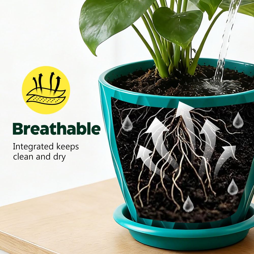 KEETUMOOD Plant Pots, Self Watering Planters with Drainage Holes and Trays, Flower Pots for Indoor Outdoor - 6 Pack(4/5/6/6.5/7/8 Inch) (Dark Green)