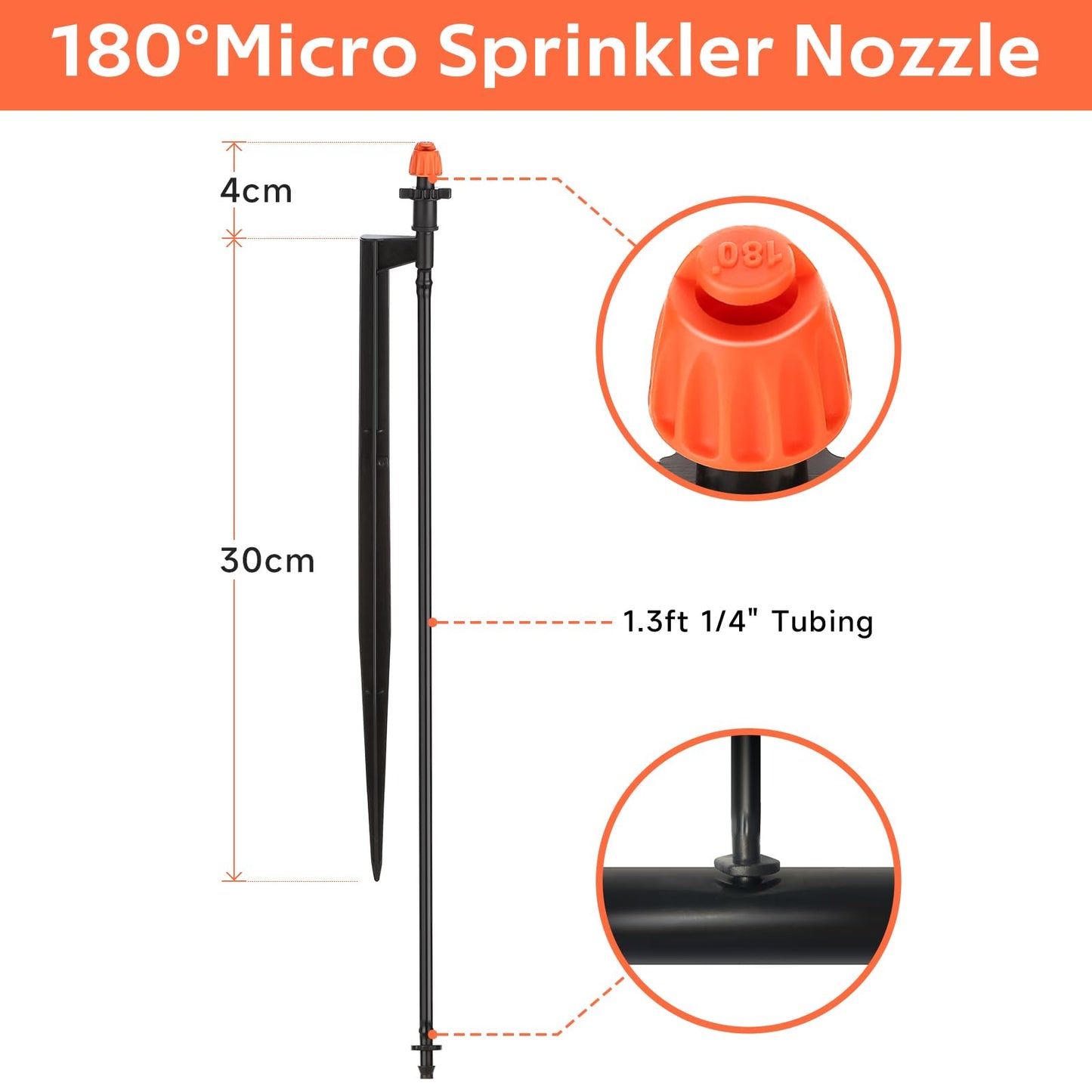 La Farah 180 Degree Irrigation Sprinkler Heads: Micro Sprinkler Nozzle on 12 Inch Stake with 1/4" Tubing - Drip Spray Emitters for Garden Irrigation System (20 Pack)