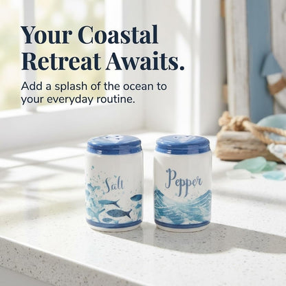 Beachy Blue Fish & Ocean Waves Ceramic Salt & Pepper Shakers