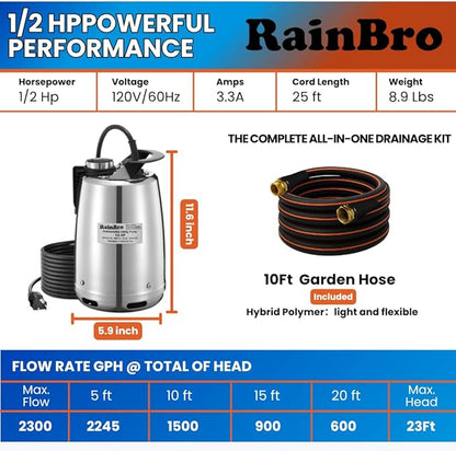 Submersible Sump Pump 1/2 HP 2300 GPH, Water Pump with Hose for Pool Draining, Portable Submersible Pump Handles Clean & Dirty Water, 25ft Power Cord, 3/4" GHT Adapter