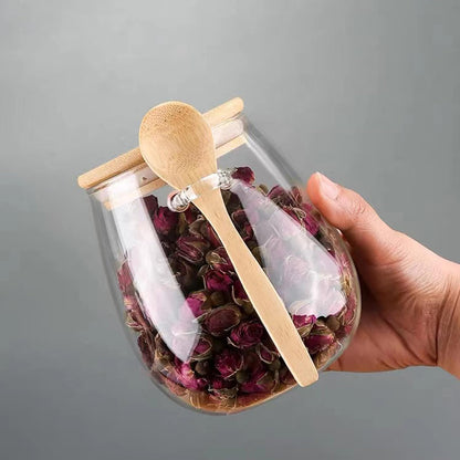 DNIENKGE Airtight glass jar storage container with bamboo lid Set of 2, wide mouth, leak-proof, With a spoon, can be used for coffee beans, tea leaves, grains, dried fruits, etc (Small)