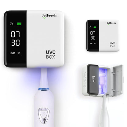 UV Toothbrush Sanitizer Holder & Cleaner with LED Clock Display & Hot Air Drying – Wall-Mounted UV Tooth Brush Holder for Bathroom Decor, Travel Use, Rechargeable Portable Design, Fits All Brushes