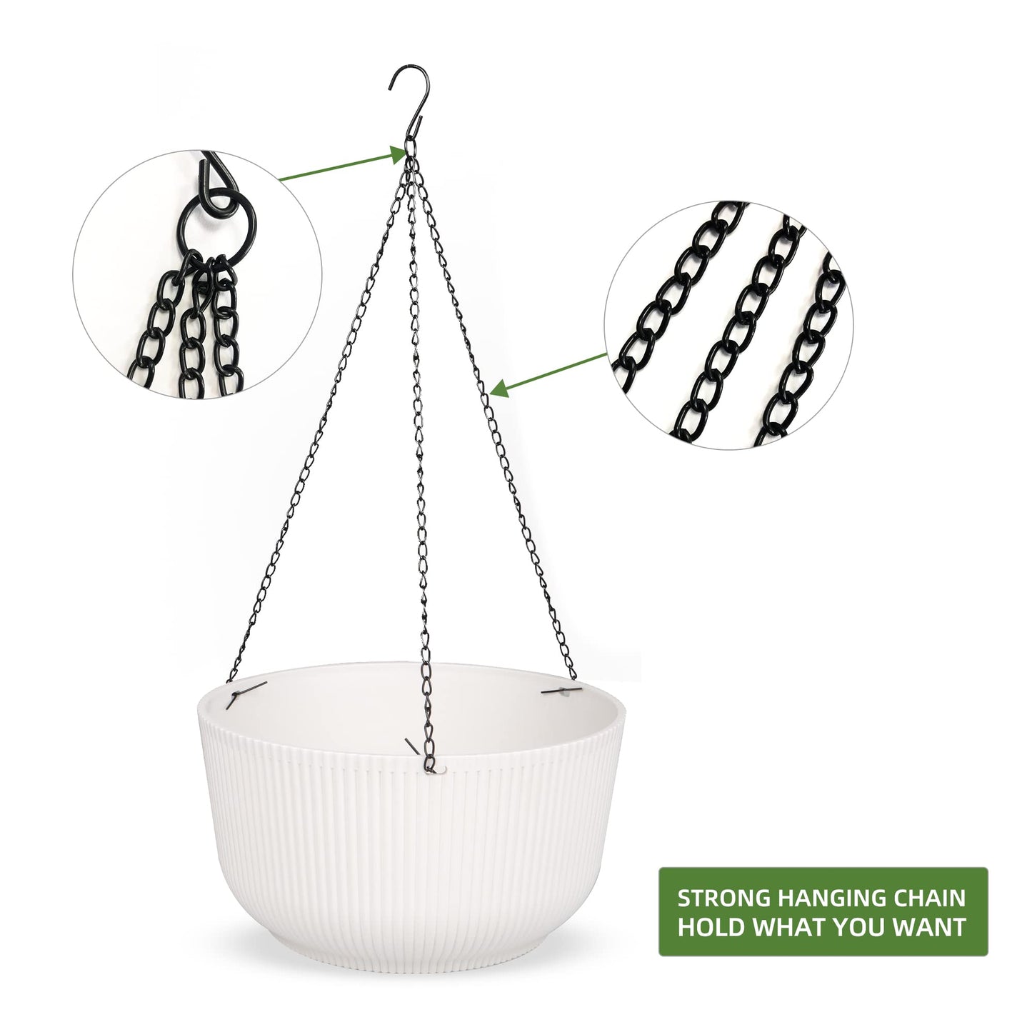 Dexceder 11.2 Inch Self Watering Hanging Planters Indoor Outdoor, Thickened Hanging Basket Flower Plant Pot (2 Pack, White)