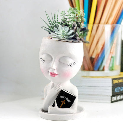 Meltset M Face Planters Pots Head for Indoor Outdoor Plant Unique Head Planter Holding Book Confessional Girl Face Flower Pot with Drainage for Succulent Cactus String Of Pearls Plant Gift Idea(White)