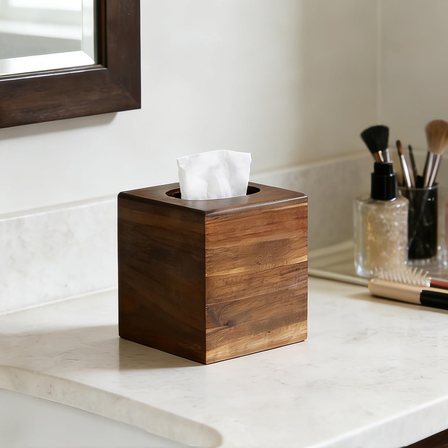KALEKAIL Wood Tissue Box Cover， Acacia Wood Tissue Box Cover Square, Decorative Cube Facial Wooden Tissue Box Holder with Slide-Out Bottom for Bathroom, Bedroom, Dinner Table, Office, Kitchen