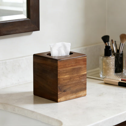 KALEKAIL Wood Tissue Box Cover， Acacia Wood Tissue Box Cover Square, Decorative Cube Facial Wooden Tissue Box Holder with Slide-Out Bottom for Bathroom, Bedroom, Dinner Table, Office, Kitchen