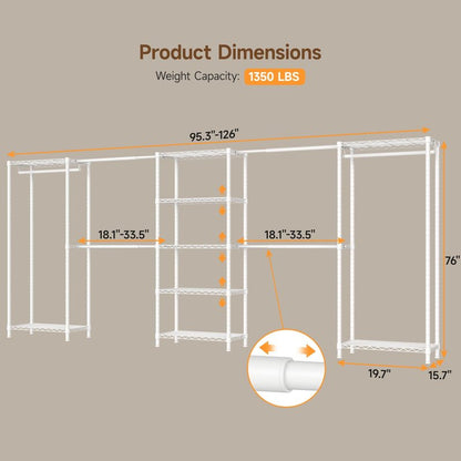 ONBRILL E5 Expandable Heavy Duty Garment Rack, Freestanding Closet Organizer System with 9 Wire Shelves & 6 Hanging Rods, Modular Metal Pipe Clothing Rack, Max Load 1350LBS, Portable Closet, White