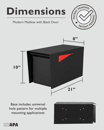 Ilyapa Modern Mailbox for Post Mount - Black with Black Door Heavy Duty Powder Coated Steel, Waterproof Letter Box for Curbside Parcels, Corrosion Resistant with Recessed Magnetic Close Door, Large