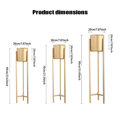 Myyixilau Gold Metal Plant Stand Set, Modern Minimalist Floor Standing Planter Holder with Cylindrical Pot, 3 Piece Indoor Decorative Flower Rack