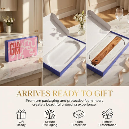 Marble & Acacia Wood Charcuterie Board, Cheese Board, Serving Platter & Appetizer Tray with Leather Strap, Marble Cheese Board for Entertaining, Housewarming Gift, Wedding Gift for Couples