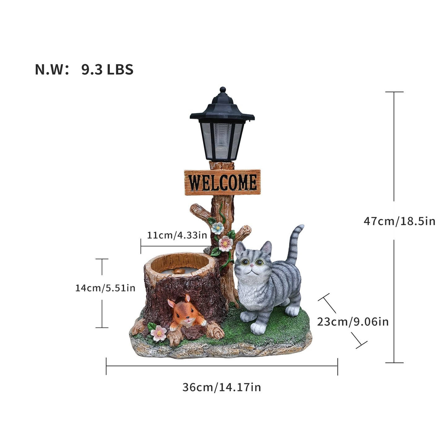 UNOIRNM Cat and Squirrel Garden Statue - with Solar Lantern and Tree Stump Planter, 18.5" Resin Gray Tabby Figurine for Outdoor Patio Decor, 9.3 lbs Animal Sculpture, 14.2" Wide Welcome Ornament