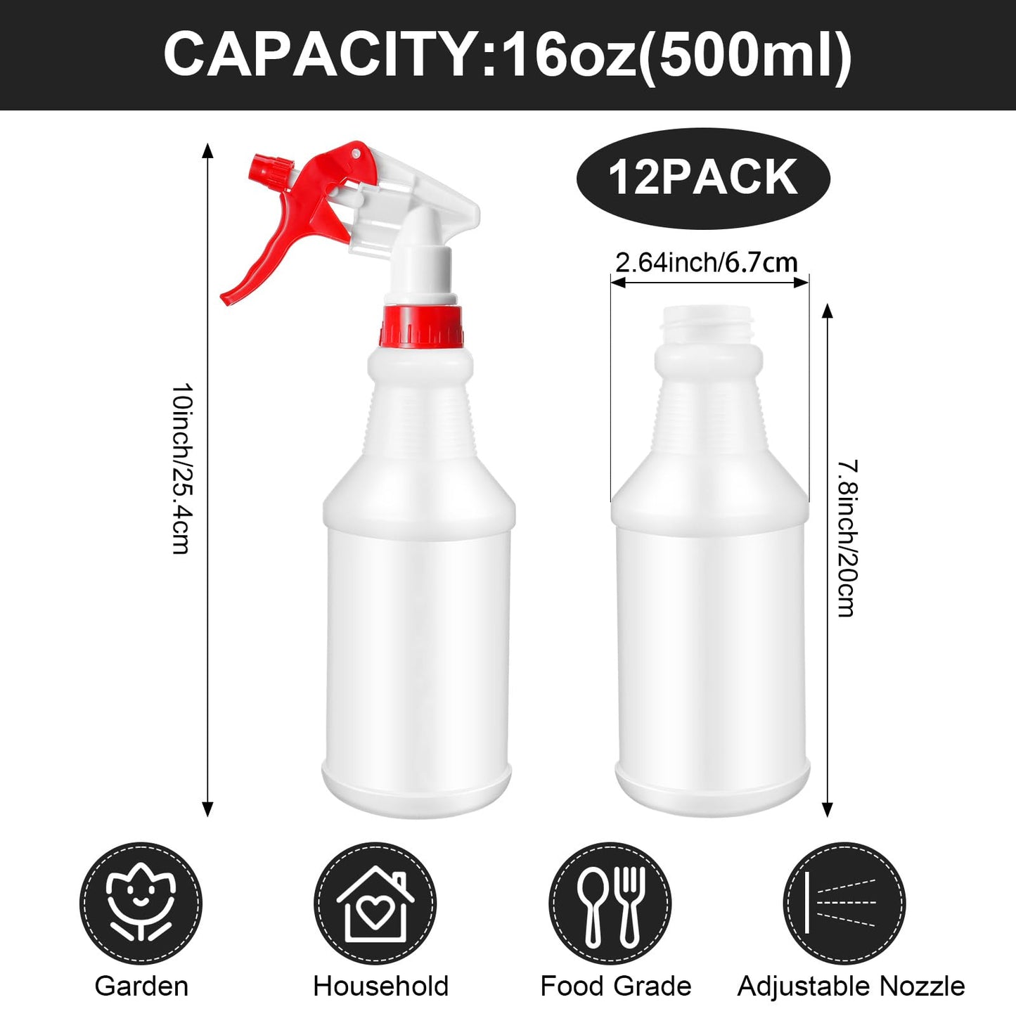 Eccliy 12 Pcs 16 Oz Plastic Spray Bottle, Adjustable Empty Reusable Sprayer for Cleaning, Planting, Water, Bathroom and Kitchen, BBQ, Commercial and Residential (Original,Multicolor)