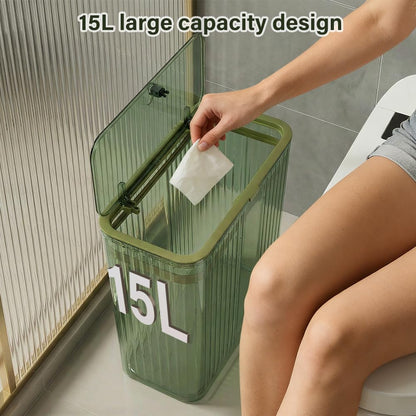 Grtufsat Bathroom Trash Can with Lid3.5 Gallon Garbage Can，for Bedroom, Office, Plastic Slim Waste Basket with Press Top Lid, 15l Clear Trash Bin for Home Slim Trash Bin Clear, Kitchen （Green）