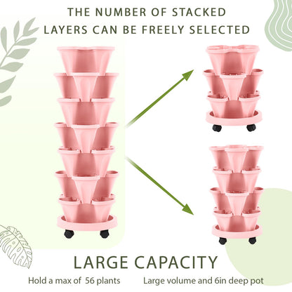 Umigy 2 Set of 7 Tier Vertical Planter Stackable Tower Planters Strawberry Herb Flower and Vegetable Pots Indoor Outdoor Gardening Pots with Removable Wheels and Tools(Pink)