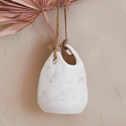 Creative Co-Op Hanging Stoneware Planter with Jute Rope Hanger and Distressed Volcano Finish, White