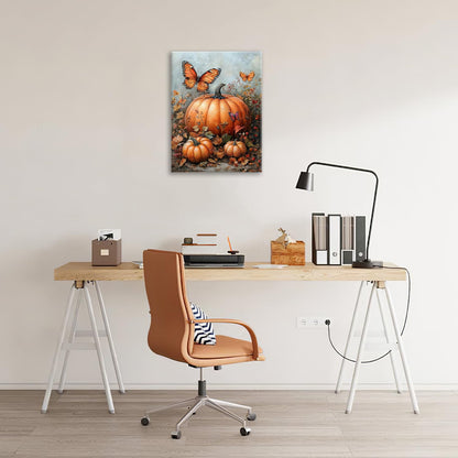 Fall Pumpkin Pictures Wall Art, Rustic Thanksgiving Bathroom Wall Decor, Farmhouse Autumn Butterfly Framed Painting Canvas Artwork for Harvest Gift Bedroom Living Room Decorations 16" L x 12" W