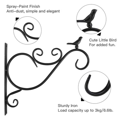 Lewondr Wall Hanging Plant Bracket, 2 Pack 12-inch Retro Iron Shepard Hook for Flower Bird Feeder Planter Indoor Outdoor, Bird 01 - Spray Paint Black