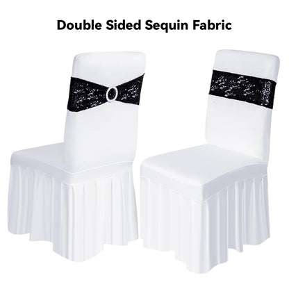 Poise3EHome Pack of 10 Black Sequin Chair Sashes, Double Sided Glitter Stretchy Chair Bands with Buckle for Home Party Bridal Shower Wedding Banquet Reception Decorations