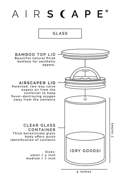 AirScape Glass Food Storage Canister - Glass Storage With US Patented Airless Inner Lid & Bamboo Top Lid - Preserves Food Freshness (Medium 7-Inch)