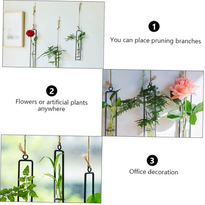 BESTonZON Wall Hanging Hydroponic Glass Test Tube Flower Vase Set with Iron Frame Plant Propagation Tubes for Home Garden Decoration Includes 3 Hemp Ropes and 3 Adhesive Hooks