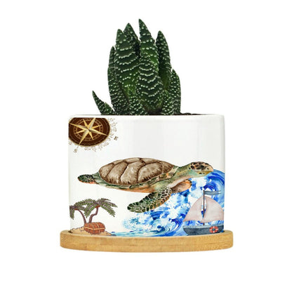 DreamAutumn Ocean Theme Sea Turtle Planter Ceramic Round Plant Pots with Drainage Holes and Bamboo Tray Planting Small Flower Pots for Home Windowsill Desk Garden Indoor Outdoor Use